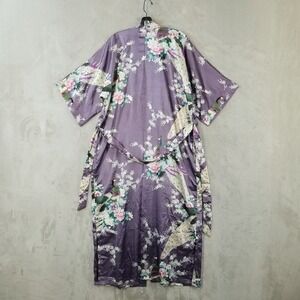 Kimono Robe Women's OS Purple Peacock‎ Floral Full Length Satin